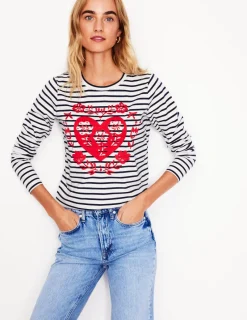 T-Shirts & Tanks | Tops & Blouses-Boden Novelty Long Sleeve Jersey Top-Ivory, Navy Heart Ivory,NavyHeart