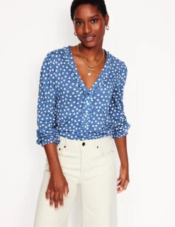 Shirts | T-Shirts & Tanks-Boden Poppy Ruffled Henley Top-Blue River, Abstract Spot BlueRiver,AbstractSpot