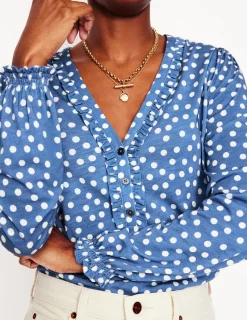 Shirts | T-Shirts & Tanks-Boden Poppy Ruffled Henley Top-Blue River, Abstract Spot BlueRiver,AbstractSpot