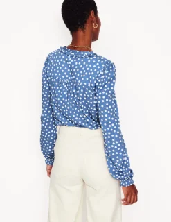 Shirts | T-Shirts & Tanks-Boden Poppy Ruffled Henley Top-Blue River, Abstract Spot BlueRiver,AbstractSpot