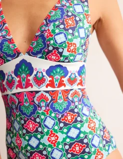Swimwear-Boden Porto V-Neck Swimsuit-Green Tambourine, Coastal Tile GreenTambourine,CoastalTile
