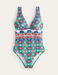 Swimwear-Boden Porto V-Neck Swimsuit-Green Tambourine, Coastal Tile GreenTambourine,CoastalTile