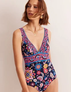 Swimwear-Boden Porto V-Neck Swimsuit-Mandarin Red, Botanical Sprig MandarinRed,BotanicalSprig
