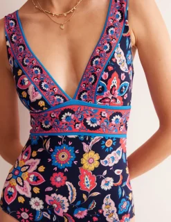 Swimwear-Boden Porto V-Neck Swimsuit-Mandarin Red, Botanical Sprig MandarinRed,BotanicalSprig