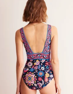 Swimwear-Boden Porto V-Neck Swimsuit-Mandarin Red, Botanical Sprig MandarinRed,BotanicalSprig