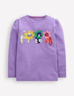 Tops & T-Shirts-Boden Puff Sleeve Applique T-shirt-Aster Purple Flower Cats AsterPurpleFlowerCats
