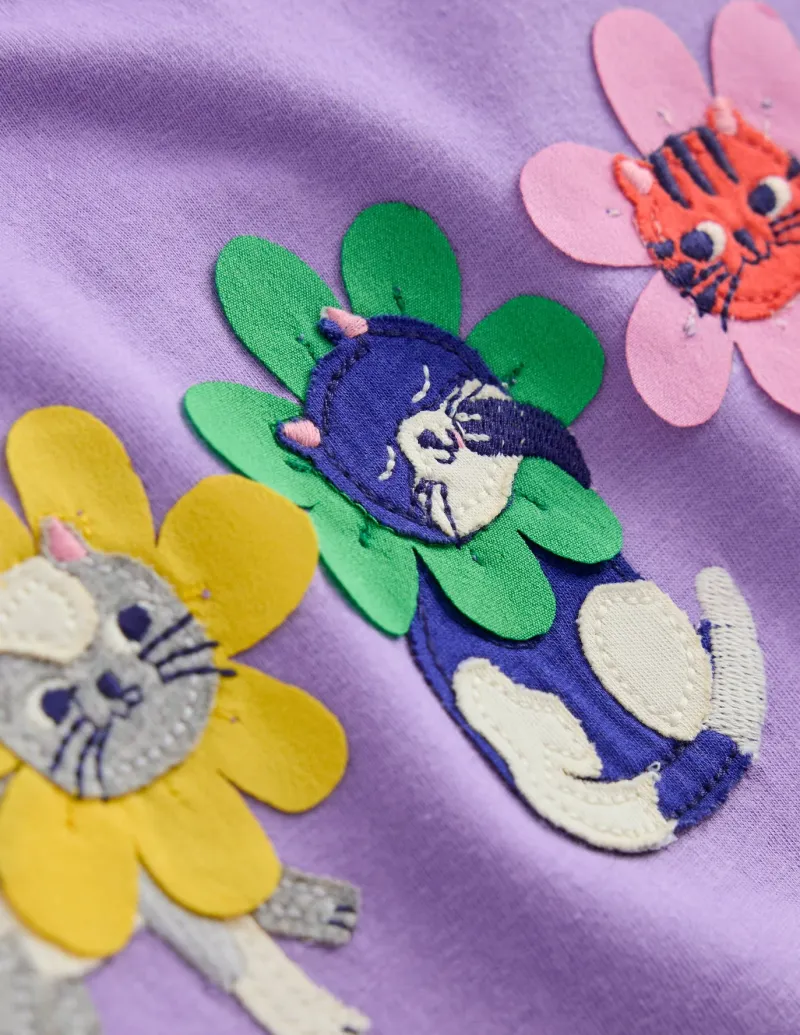 Tops & T-Shirts-Boden Puff Sleeve Applique T-shirt-Aster Purple Flower Cats AsterPurpleFlowerCats