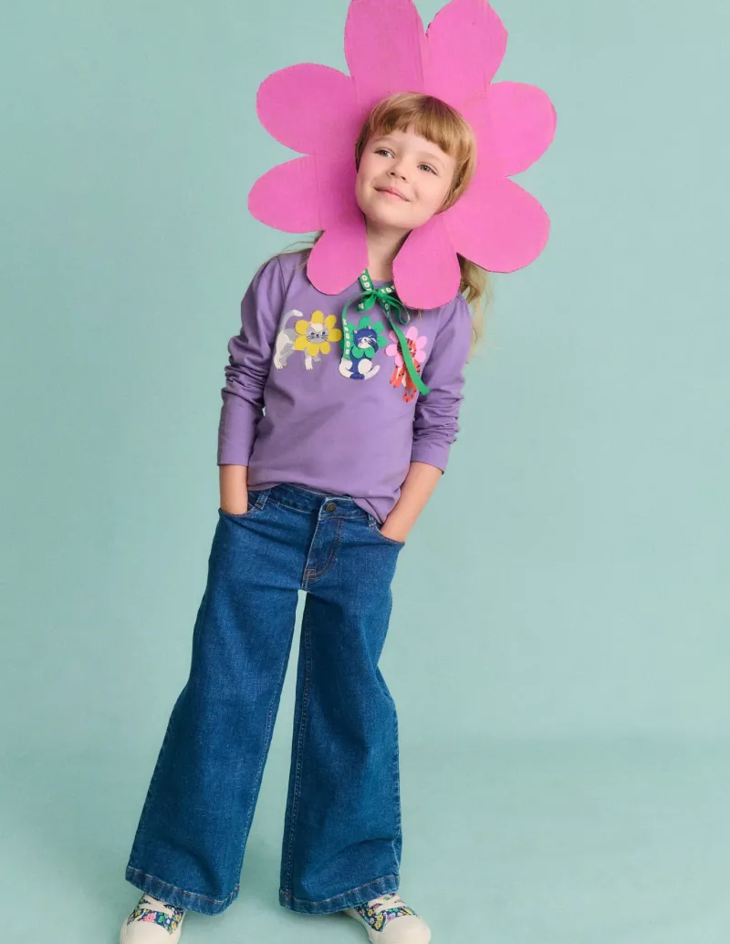 Tops & T-Shirts-Boden Puff Sleeve Applique T-shirt-Aster Purple Flower Cats AsterPurpleFlowerCats