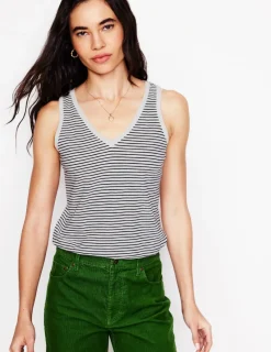 Nightwear & Lougewear | T-Shirts & Tanks-Boden Regular V-Neck Slub Tank-Navy, Ivory Stripe Navy,IvoryStripe