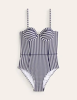 Swimwear-Boden Rhodes Cup-Size Swimsuit-Navy, Ivory Stripe Navy,IvoryStripe