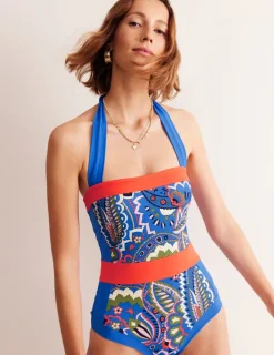 Swimwear-Boden Santorini Halterneck Swimsuit-Blue, Foliage Paisley Blue,FoliagePaisley