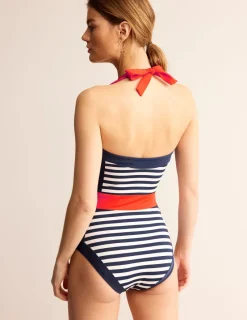Swimwear-Boden Santorini Halterneck Swimsuit-Red, Navy Stripe Red,NavyStripe