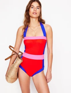 Swimwear-Boden Santorini Halterneck Swimsuit-Fire Red Colourblock FireRedColourblock