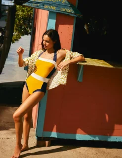 Swimwear-Boden Santorini Halterneck Swimsuit-Saffron Yellow Colourblock SaffronYellowColourblock