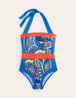 Swimwear-Boden Santorini Halterneck Swimsuit-Blue, Foliage Paisley Blue,FoliagePaisley