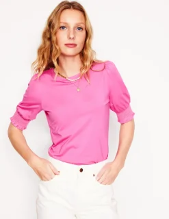 Nightwear & Lougewear | T-Shirts & Tanks-Boden Short Sleeve Smocked Cuff Top-Tickled Pink TickledPink