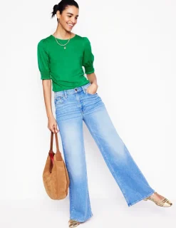 Nightwear & Lougewear | T-Shirts & Tanks-Boden Short Sleeve Smocked Cuff Top-Rich Emerald RichEmerald