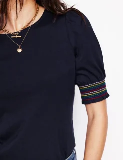 Nightwear & Lougewear | T-Shirts & Tanks-Boden Short Sleeve Smocked Cuff Top- Navy