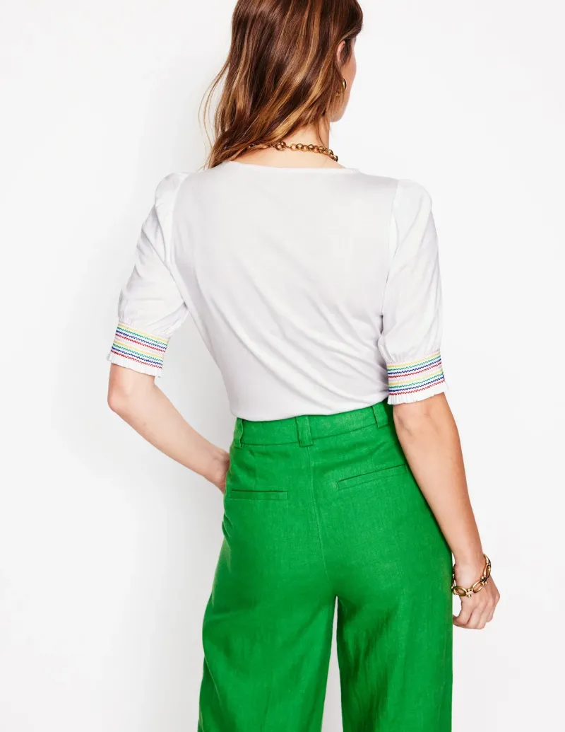 Nightwear & Lougewear | T-Shirts & Tanks-Boden Short Sleeve Smocked Cuff Top- White