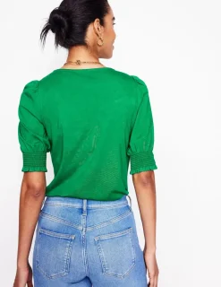 Nightwear & Lougewear | T-Shirts & Tanks-Boden Short Sleeve Smocked Cuff Top-Rich Emerald RichEmerald