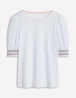 Nightwear & Lougewear | T-Shirts & Tanks-Boden Short Sleeve Smocked Cuff Top- White