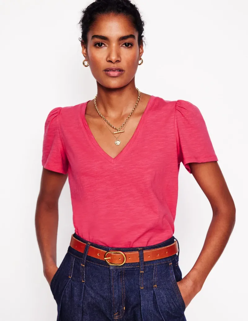 Nightwear & Lougewear | T-Shirts & Tanks-Boden Short Sleeve V Neck T-shirt-Camelia Pink CameliaPink