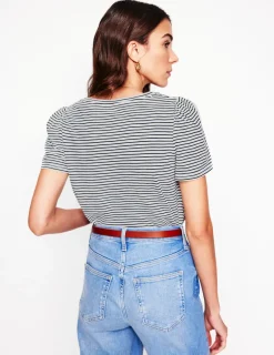 Nightwear & Lougewear | T-Shirts & Tanks-Boden Short Sleeve V Neck T-shirt-Ivory, Navy Stripe Ivory,NavyStripe