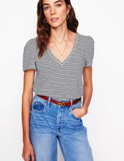 Nightwear & Lougewear | T-Shirts & Tanks-Boden Short Sleeve V Neck T-shirt-Ivory, Navy Stripe Ivory,NavyStripe