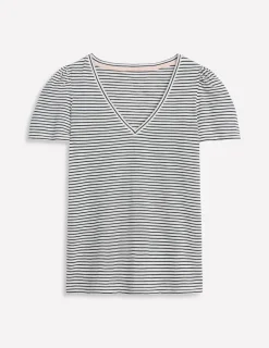 Nightwear & Lougewear | T-Shirts & Tanks-Boden Short Sleeve V Neck T-shirt-Ivory, Navy Stripe Ivory,NavyStripe