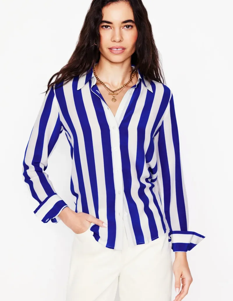 Tops & Blouses | Shirts-Boden Sienna Silk Shirt-Bright Blue Wide Stripe BrightBlueWideStripe