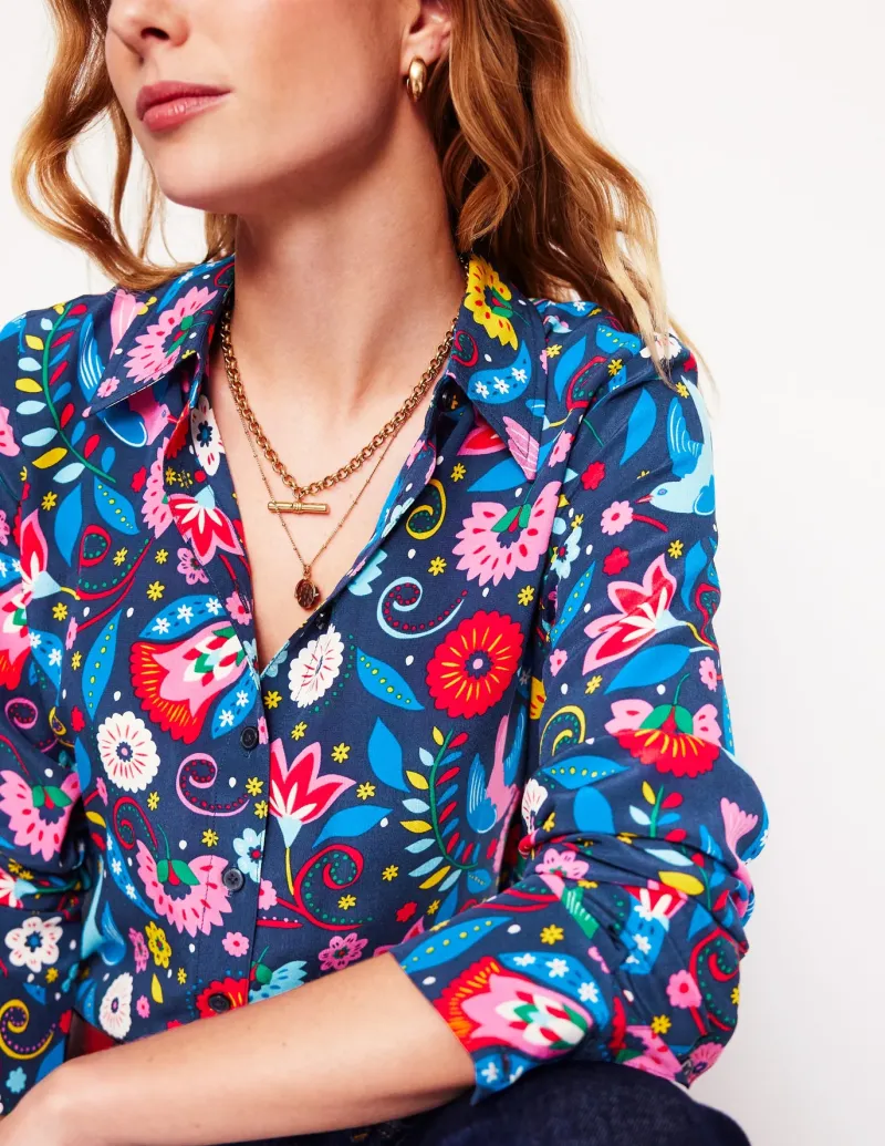 Tops & Blouses | Shirts-Boden Sienna Silk Shirt-French Navy, Decorative Garden FrenchNavy,DecorativeGarden