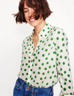 Tops & Blouses | Shirts-Boden Sienna Silk Shirt-Ivory, Green Abstract Dot Ivory,GreenAbstractDot