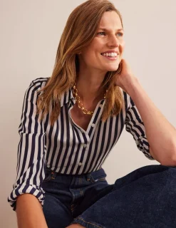 Shirts | Tops & Blouses-Boden Sienna Silk Shirt-Ivory, Navy Stripe Ivory,NavyStripe