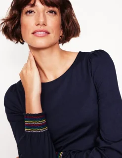 T-Shirts & Tanks | Tops & Blouses-Boden Smocked Cuff Supersoft Top- Navy