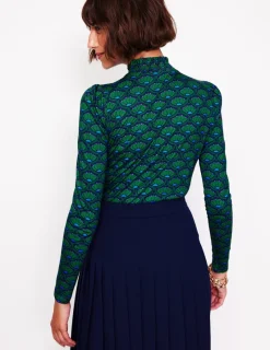 Tops & Blouses | T-Shirts & Tanks-Boden Smocked Neck Printed Top-Emerald, Lotus Stamp Emerald,LotusStamp