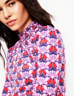 T-Shirts & Tanks | Tops & Blouses-Boden Smocked Neck Printed Top-Poppy Red, Daisy Bloom Geo PoppyRed,DaisyBloomGeo