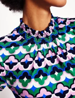 Tops & Blouses | T-Shirts & Tanks-Boden Smocked Neck Printed Top-Rich Emerald, Lucky Clover RichEmerald,LuckyClover