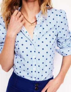 Shirts | Tops & Blouses-Boden Smocked Neck Shirt-Forget Me Not Blue Fine Stripe ForgetMeNotBlueFineStripe