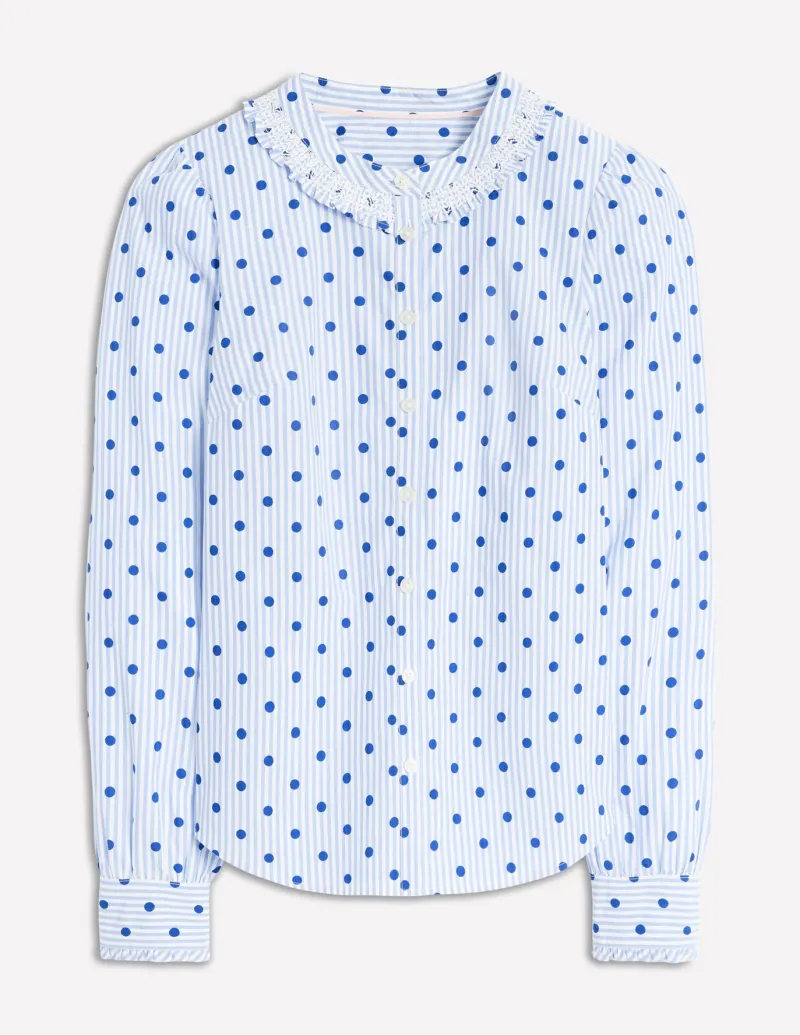 Shirts | Tops & Blouses-Boden Smocked Neck Shirt-Forget Me Not Blue Fine Stripe ForgetMeNotBlueFineStripe