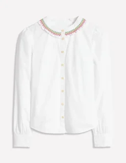 Shirts | Tops & Blouses-Boden Smocked Neck Shirt-White, Multi Stitching White,MultiStitching