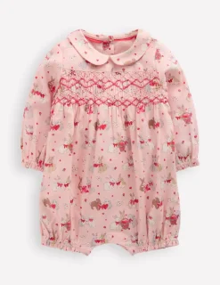 Playsuits & Rompers-Boden Smocked Romper-Pink Love Bunnies