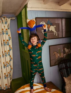 Sleepwear & Pajamas-Boden Snug Long John Pajamas-Jewel Green Foxes JewelGreenFoxes