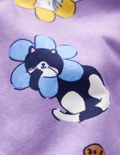 Sleepwear & Pajamas-Boden Snug Long John Pyjamas-Aster Purple Flower Cats AsterPurpleFlowerCats