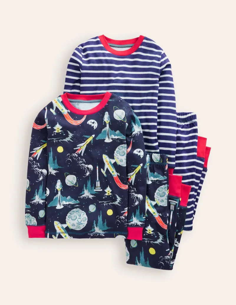 Sleepwear & Pajamas-Boden Snug Twin Pack Pajamas-Grey Space and Navy Stripe GreySpaceandNavyStripe