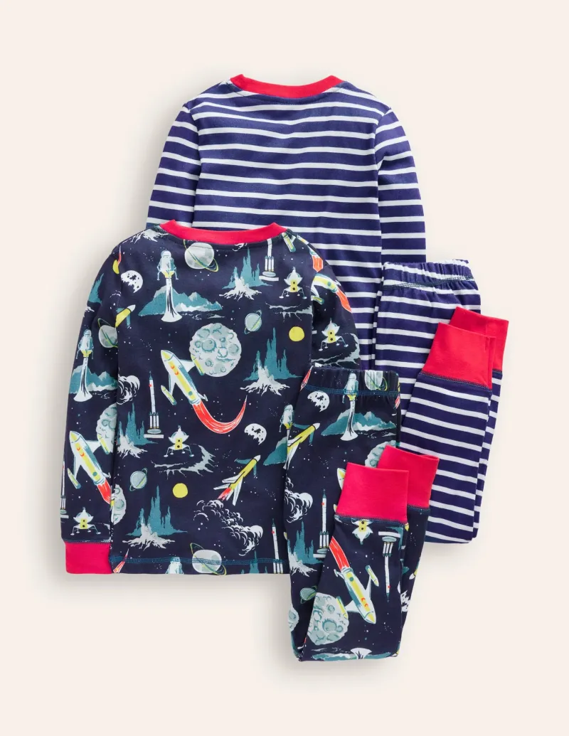 Sleepwear & Pajamas-Boden Snug Twin Pack Pajamas-Grey Space and Navy Stripe GreySpaceandNavyStripe