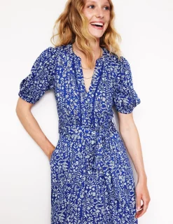 Petite Dresses | Midi-Boden Sofia Trim jersey midi dress-Sapphire Blue, Foliage Bud SapphireBlue,FoliageBud