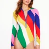 Swimwear-Boden Sporty Raglan Sleeve Swimsuit-Multi, Rainbow Cascade Multi,RainbowCascade