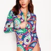 Swimwear-Boden Sporty Raglan Sleeve Swimsuit-Multi, Meadow Paisley Multi,MeadowPaisley