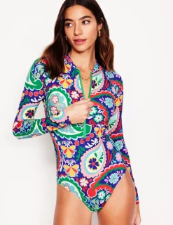 Swimwear-Boden Sporty Raglan Sleeve Swimsuit-Multi, Meadow Paisley Multi,MeadowPaisley