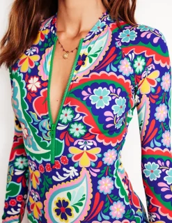 Swimwear-Boden Sporty Raglan Sleeve Swimsuit-Multi, Meadow Paisley Multi,MeadowPaisley